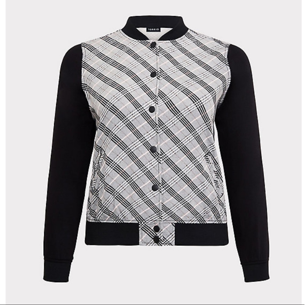 Black Plaid Twill Bomber Jacket - Picture 4 of 6